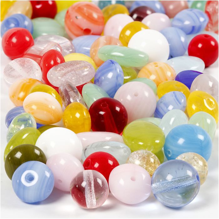 Glassperler, rund, oval, rundflat, dia. 6-13 mm, hullstr. 0,5-1,5 mm, ass. farger, 60 g/ 1 pk.