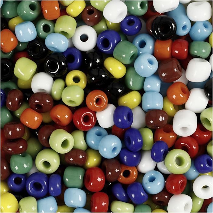 Rocaillesperler, dia. 4 mm, str. 6/0, hullstr. 0,9-1,2 mm, ass. farger, 130 g/ 1 pk.