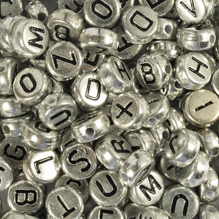 Bokstavperler, dia. 7 mm, hullstr. 1,2 mm, ca. 200 stk., sølv, 21 g/ 1 pk.