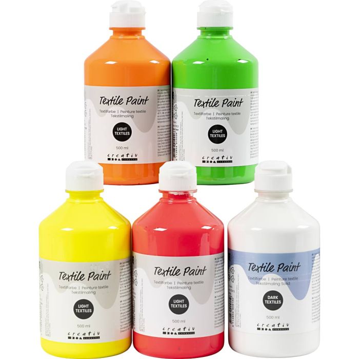 Tekstilmaling, semi opaque, ass. farger, 5x500 ml/ 1 pk.