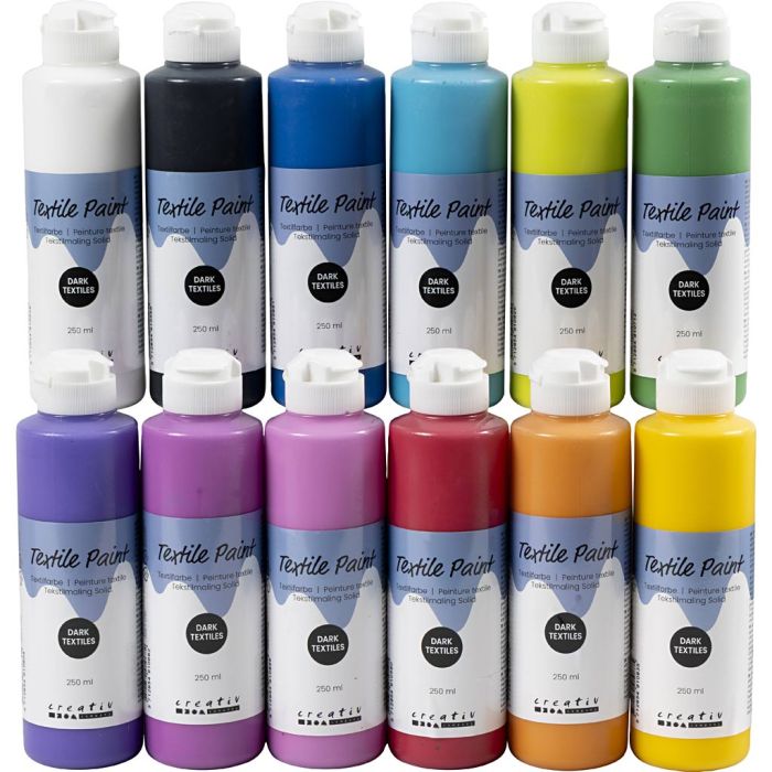 Tekstilmaling, dekkende, ass. farger, 12x250 ml/ 1 pk.