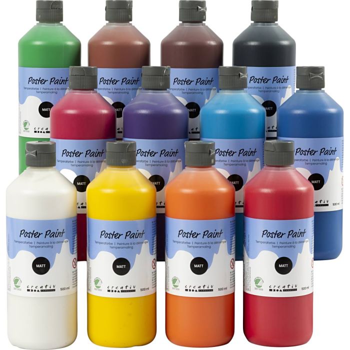 Temperamaling, matt, semi opaque, ass. farger, 12x500 ml/ 1 pk.