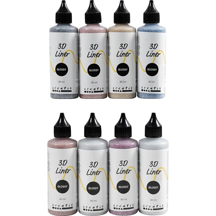 3D Liner, blank,glitter, dekkende, glitter farger, 8x90 ml/ 1 pk.