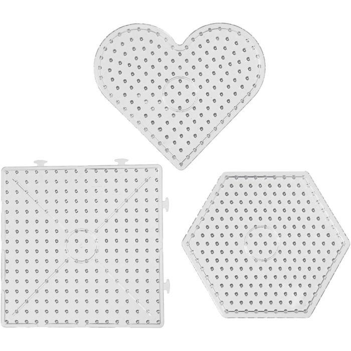 Perleplate, hjerter, hexagon, firkant, str. 15x15-17,5x17,5 cm, JUMBO, klar, 6 stk./ 1 pk.
