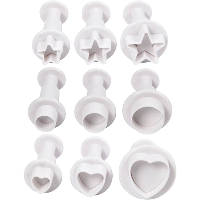Utstikkere med preg, stjerne, sirkel, hjerte, dia. 1,1-3, hvit, 9 stk./ 1 pk.