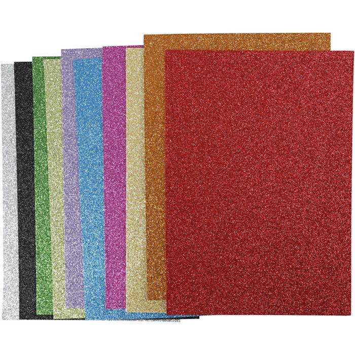 Mosgummi, A4, ark 210x297 mm, tykkelse 2 mm, glitter, ass. farger, 10 ass. ark/ 1 pk.