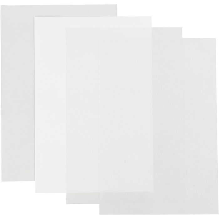 Krympeplastark, ark 20x30 cm, tykkelse 0,3 mm, blank transparent, matt transparent, matt hvit, 4 ark/ 1 pk.