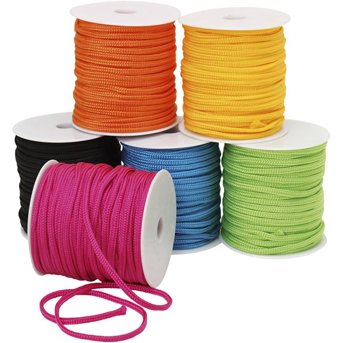 Fallskjermssnor, B: 5 mm, tykkelse 2 mm, neonfarger, 6x40 m/ 1 pk.