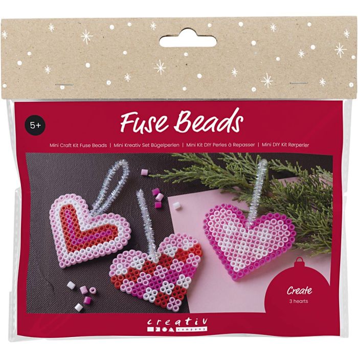 Mini DIY Kit Rørperler, Julehjerter, pink, lys pink, primær rød, hvit, 1 pk.