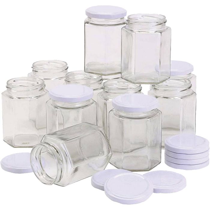 Sekskantet glassbeholder, H: 8 cm, dia. 7 cm, 180 ml, 48 stk./ 1 pk.