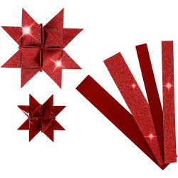 Stjernestrimler, L: 44+78 cm, B: 15+25 mm, dia. 6,5+11,5 cm, glitter,lakk, r&oslash;d, 40 strimler/ 1 pk.