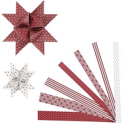 Stjernestrimler, L: 44+78 cm, B: 15+25 mm, dia. 6,5+11,5 cm, r&oslash;d, hvit, 60 strimler/ 1 pk.