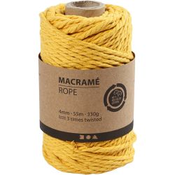 Macramè-rep, L: 55 m, dia. 4 mm, gul, 330 g/ 1 rl.