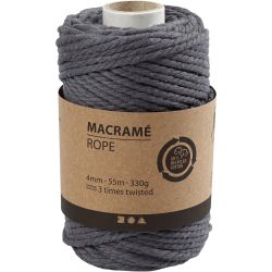 Macramè-rep, L: 55 m, dia. 4 mm, grå, 330 g/ 1 rl.