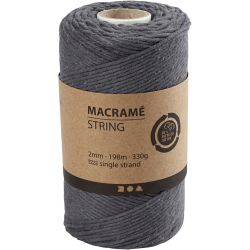 Macramè-Snor, L: 198 m, dia. 2 mm, grå, 330 g/ 1 rl.