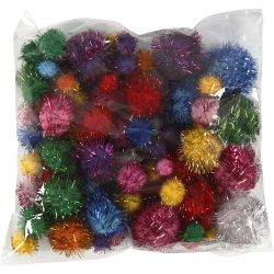 Pomponger, dia. 15-40 mm, glitter, ca. 90 stk., sterke farger, 62 g/ 1 pk.