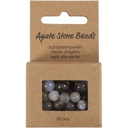 Perler av agat, dia. 6+8+10 mm, hullstr. 0,9-1 mm, transparent gr&aring;, 28 stk./ 1 pk.
