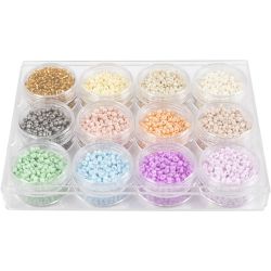 Rocaillesperler, dia. 3 mm, str. 8/0, hullstr. 0,6-1,0 mm, pastellfarger, 12x17 g/ 1 pk.