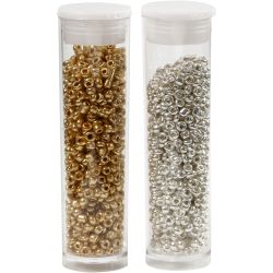 Rocaillesperler, dia. 1,7 mm, str. 15/0, hullstr. 0,5-0,8 mm, gull, s&oslash;lv, 2x7 g/ 1 pk.