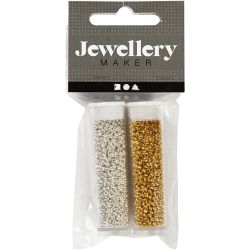 Rocaillesperler, dia. 1,7 mm, str. 15/0, hullstr. 0,5-0,8 mm, gull, s&oslash;lv, 2x7 g/ 1 pk.