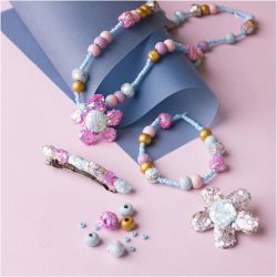 Mini DIY Kit Smykker, Halskjede, armb&aring;nd, klemmer, brosje, bl&aring;, lys bl&aring;, pastellpink, 1 pk.