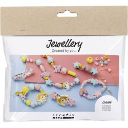 Mini DIY Kit Smykker, Halskjede, armb&aring;nd, &oslash;reringer, lys bl&aring;, lys r&oslash;d, gul, 1 pk.