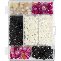 DIY Mix Smykker, Agater, str. 2,6-10 mm, hullstr. 0,8-1,8 mm, ca. 2740 stk., beige, svart, pink, hvit perlemor, 1 pk.